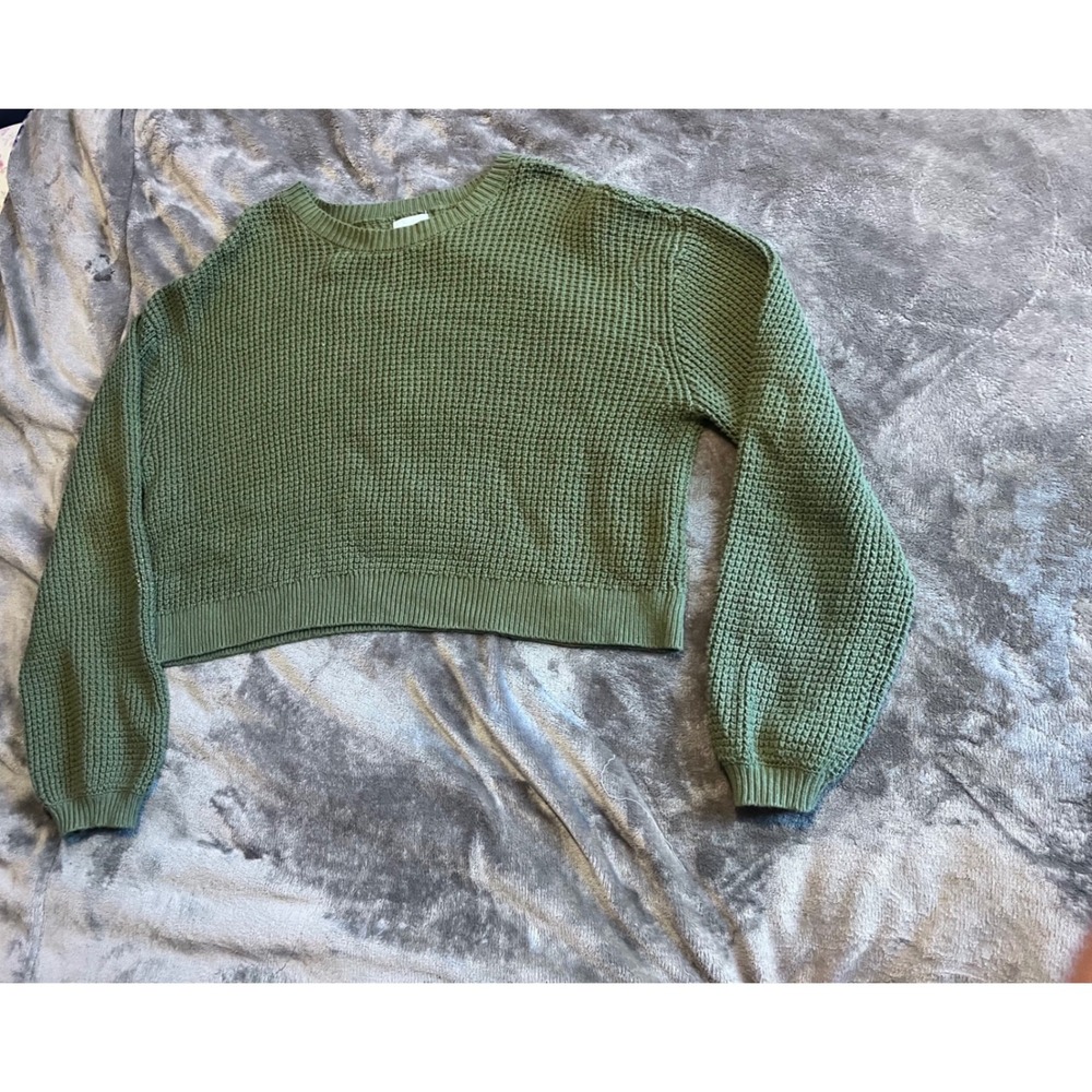 LA Hearts Olive Green Waffle Knit Cropped Crewneck Sweater Small